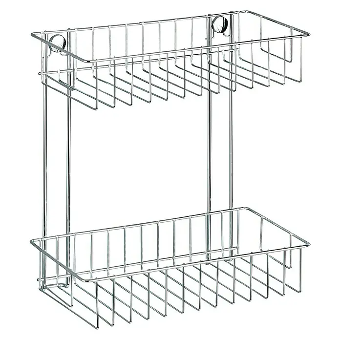 Wenko Classic Duschkorb - L x B x H: 14 x 24 x 26 cm, Chrom, Verchromt - Abgebildetes Produkt: Ein verchromtes, zweistufiges Duschregal aus Draht mit Saugnäpfen zur einfachen Anbringung im Badezimmer.