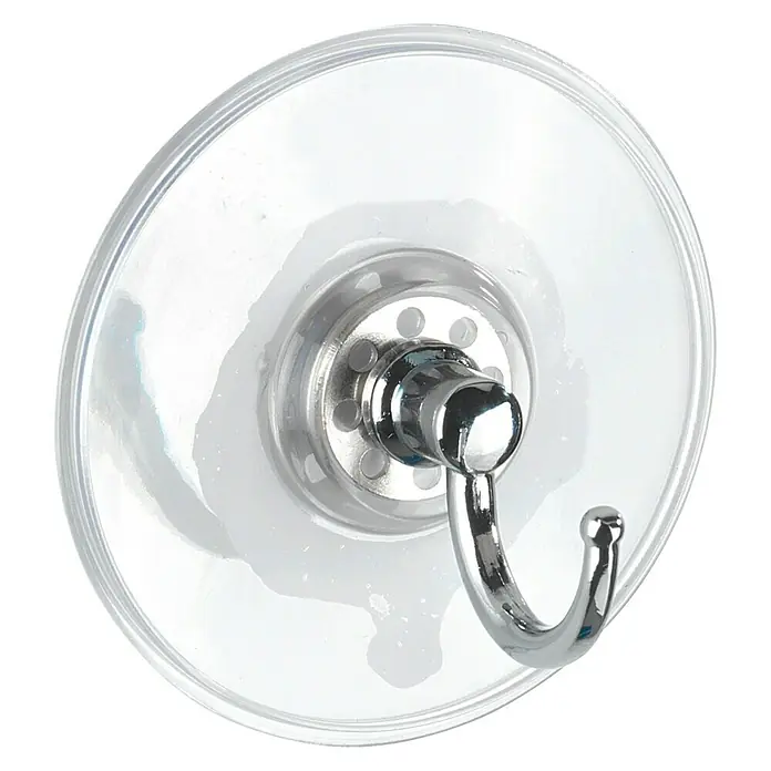 Wenko Saugnapf-Haken Atero - Durchmesser: 7 cm, Chrom - Ein runder, transparenter Saugnapf mit einem glänzenden, silberfarbenen Haken in der Mitte, ideal für die Aufbewahrung leichter Gegenstände.