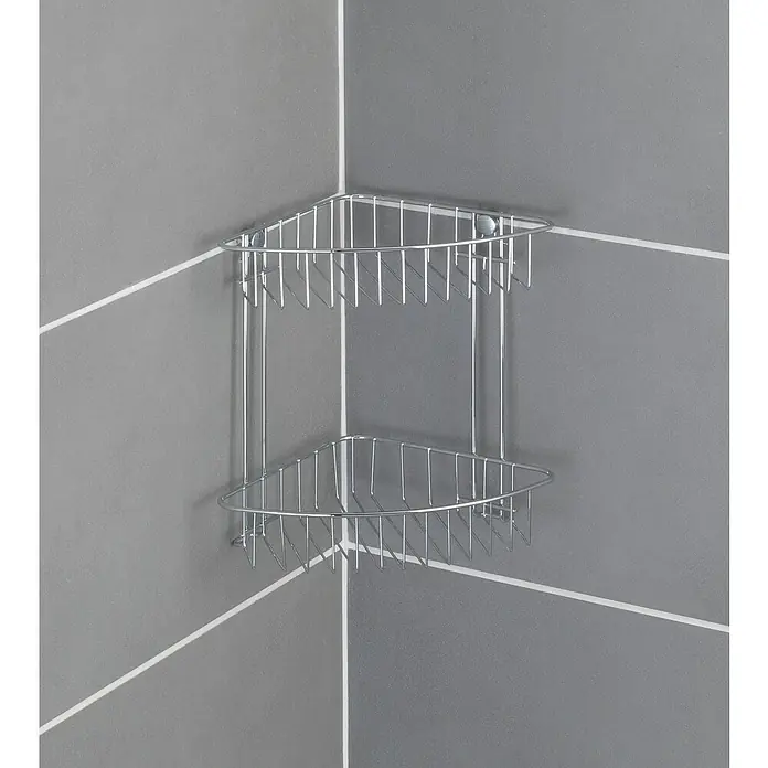 Wenko Classic Eckduschkorb - L x B x H: 19,5 x 26,5 x 26,5 cm, Verchromt - Eckregal aus Metall für die Dusche mit zwei Ablageflächen zur Aufbewahrung von Duschutensilien, ideal für kleine Badezimmer.