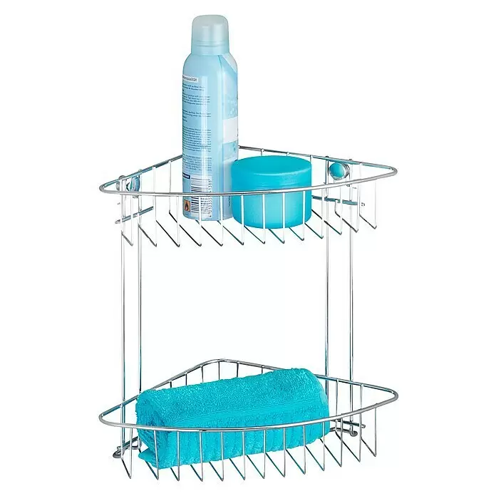 Wenko Classic Eckduschkorb - L x B x H: 19,5 x 26,5 x 26,5 cm, Verchromt - Zweistufiges Chrom-Eckduschregal mit hellblauer Aerosoldose, türkisfarbener Dose und gerolltem türkisfarbenem Handtuch.