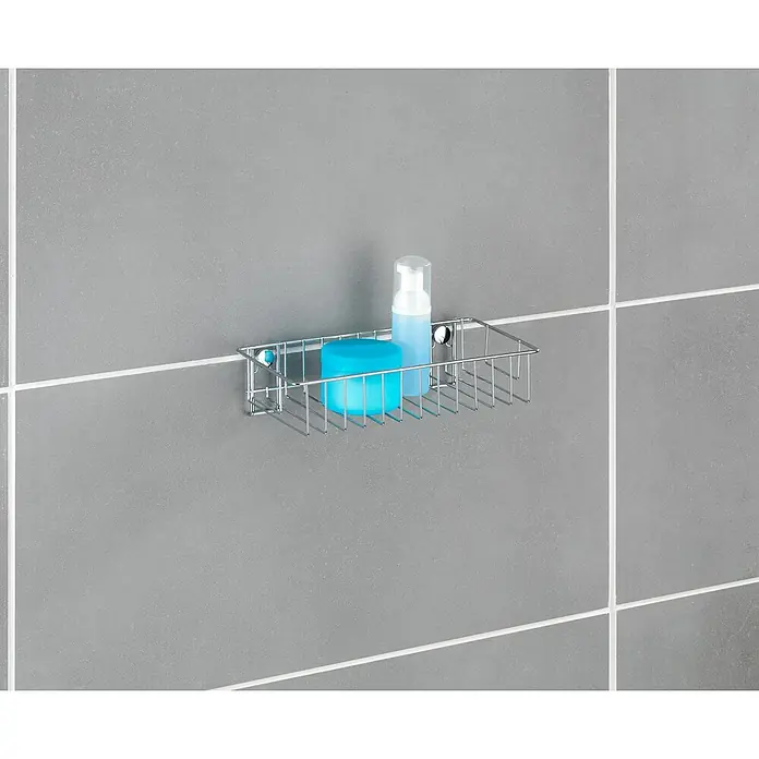 Wenko Classic Duschkorb - L x B x H: 14 x 24 x 6,5 cm, Edelstahl, Verchromt - Chromfarbener Duschkorb mit blauer Creme und Seifenspender an der Wand, ideal zur Aufbewahrung von Badprodukten.