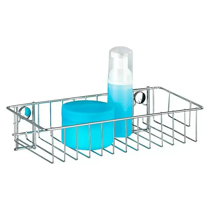 Wenko Classic Duschkorb - L x B x H: 14 x 24 x 6,5 cm, Edelstahl, Verchromt - Verchromter Duschkorb aus Draht mit einem blauen Tiegel und einer blauen Pumpspenderflasche.