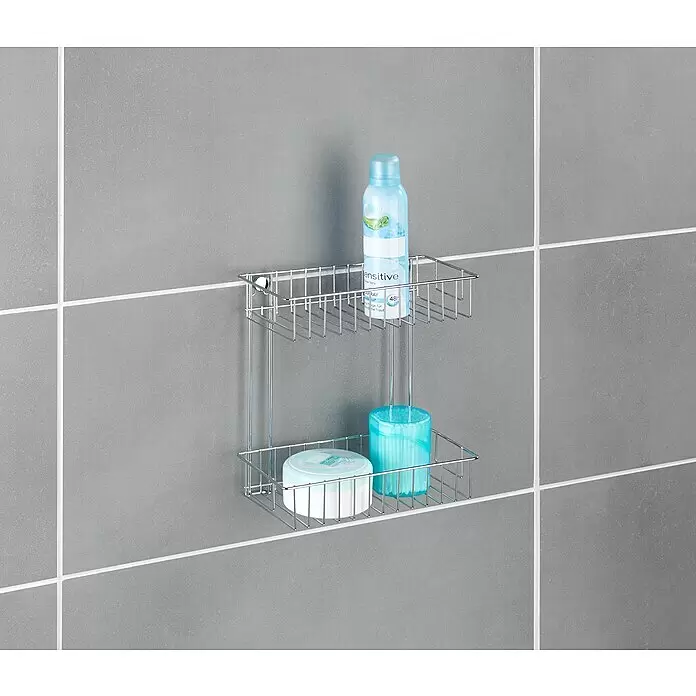 Wenko Classic Duschkorb - L x B x H: 14 x 24 x 26 cm, Chrom, Verchromt - Wandmontiertes, zweistöckiges Duschregal aus Chromdraht zur Aufbewahrung von Toilettenartikeln.