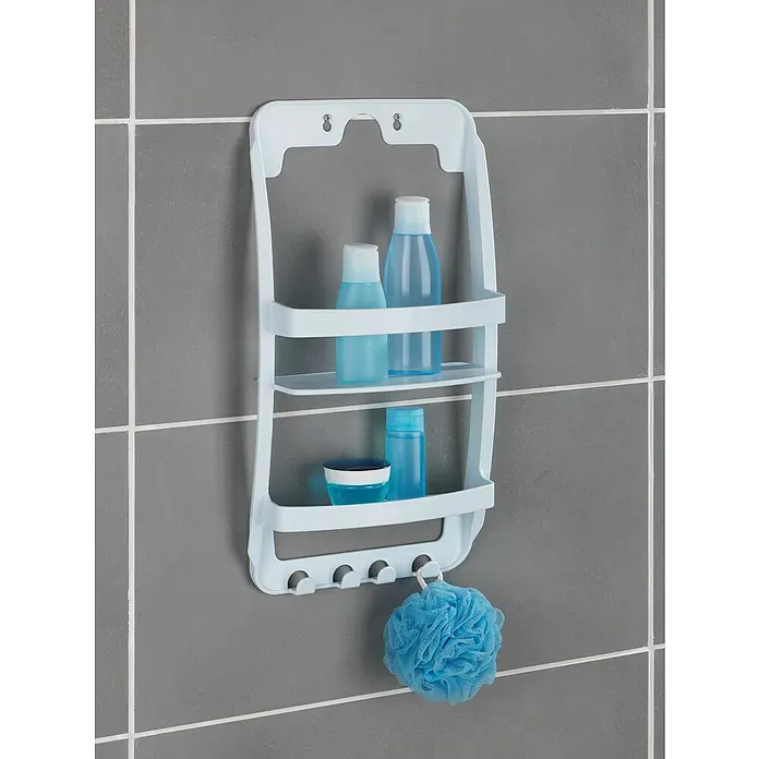 Wenko Duschkorb - L x B x H: 11,5 x 26 x 54,5 cm, Weiß - Ein hellblauer Dusch-Organizer mit zwei Regalen, Haken und Duschgel hängt an einer gefliesten Wand.