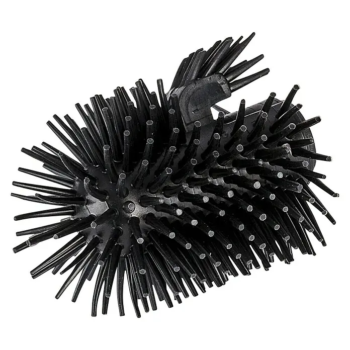 Wenko Ersatzbürstenkopf - Ohne Griff, Silikon, Schwarz, Mit Randreiniger - Nahaufnahme einer schwarzen Toilettenbürste mit Borsten auf schwarzem Hintergrund.