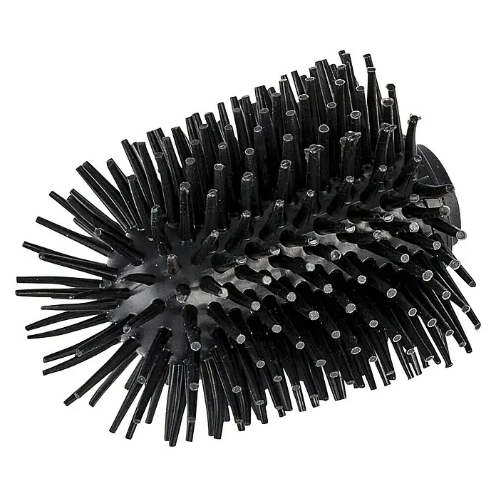 Wenko Ersatzbürstenkopf - Ohne Rohr, Silikon, Schwarz - Nahaufnahme einer schwarzen Toilettenbürste mit vielen Borsten, die in alle Richtungen abstehen, vor einem schwarzen Hintergrund.