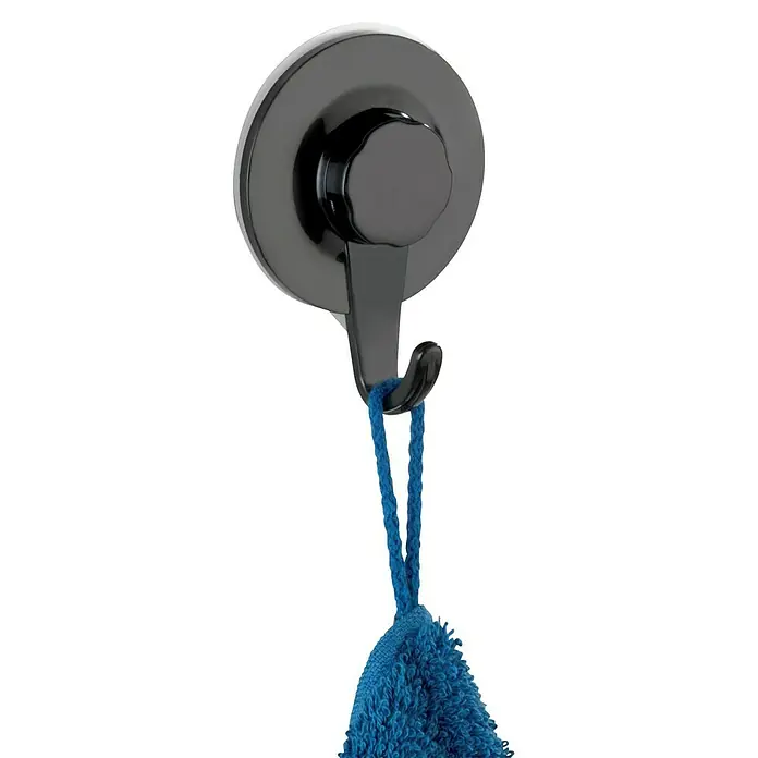Wenko Handtuchhaken Valenza Ultra-Loc - 1 Stk., Schwarz, Kunststoff - Nahaufnahme eines schwarzen Saugnapfhakens mit einem blauen Waschlappen, der daran hängt. Ideal für Badezimmer und Küche zur einfachen Aufbewahrung.