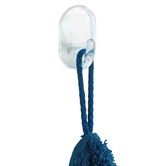 Wenko Handtuchhaken - 3 Stk., Transparent, Kunststoff - Transparenter Klebehaken hält blaues Zopfseil mit blauem, strukturiertem Gegenstand.