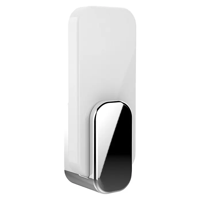 Wenko Handtuchhaken Tem - 2 Stk., Weiß/Chrom, Kunststoff - Nahaufnahme eines weißen Seifenspenders mit einem Chromhebel, der ein modernes und elegantes Baddesign zeigt.