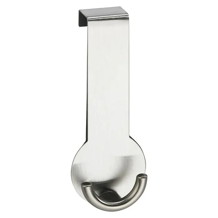 Wenko Türhaken Rondo - 1 Stk., Edelstahl - Nahaufnahme eines silberfarbenen Türhakens aus Metall, der zum Aufhängen von Gegenständen über einer Tür gedacht ist.