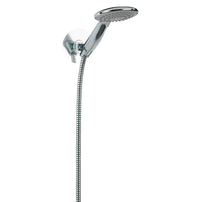 Wenko Brausehalter Static-Loc® Osimo - Kunststoff, Silber - Duschkopf aus Chrom mit Schlauch. Der Duschkopf ist an einer Wandhalterung befestigt und der Schlauch hängt herunter.