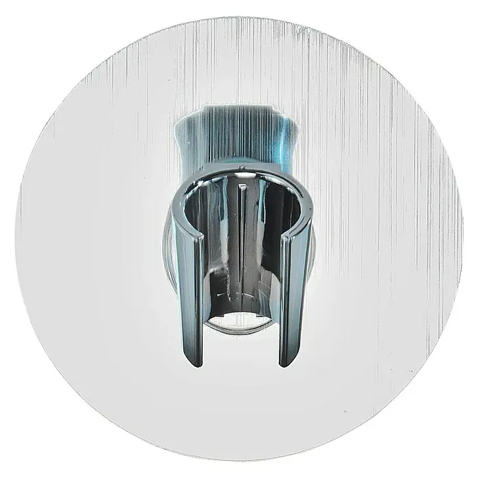 Wenko Brausehalter Static-Loc® Osimo - Kunststoff, Silber - Nahaufnahme einer verchromten Duschkopfhalterung mit einem runden, weißen Hintergrund, die ein modernes Design und Funktionalität bietet.