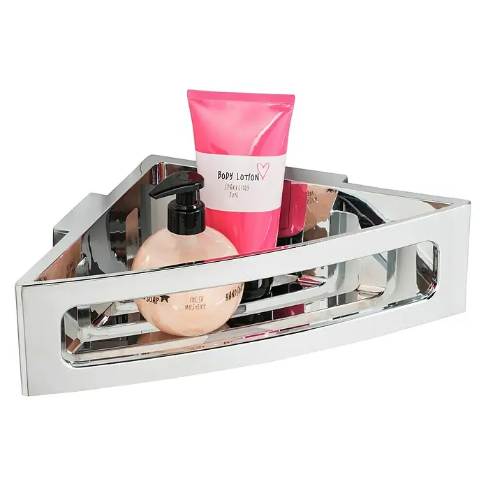 Wenko Eckduschkorb Power-Loc® Bralia - 19,5 x 34,5 x 8,5 cm, Chrom, Glänzend - Eckregal mit verschiedenen Körperpflegeprodukten. Das Regal ist aus glänzendem Chrom gefertigt und beherbergt Lotion, Seife und andere Artikel.
