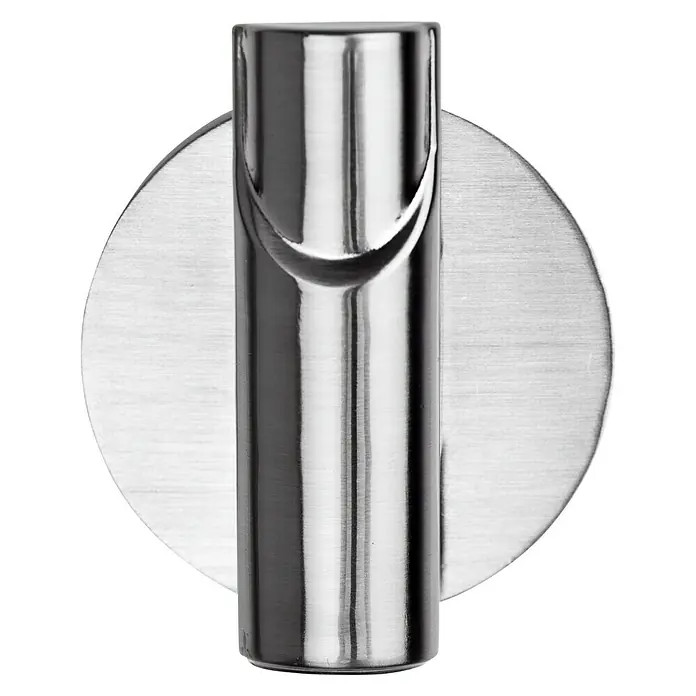 Wenko Handtuchhaken Solo Matt - 1 Stk., Edelstahl, Edelstahl - Nahaufnahme eines modernen, silbernen Wandhaken mit kreisförmiger Basis und zylindrischem Design. Perfekt für Bad oder Küche.