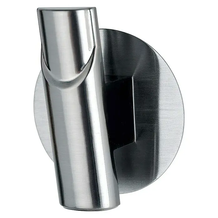 Wenko Handtuchhaken Solo Matt - 1 Stk., Edelstahl, Edelstahl - Nahaufnahme einer eleganten, verchromten Duschhalterung mit einer glatten, kreisförmigen Montageplatte für ein modernes Badezimmerdesign.
