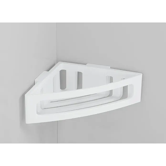Wenko Eckduschkorb Power-Loc® Bralia - 19,5 x 34,5 x 8,5 cm, Weiß, Matt - Ein weißes Eckregal für die Dusche oder das Badezimmer, das an der Wand montiert ist und zusätzlichen Stauraum bietet.