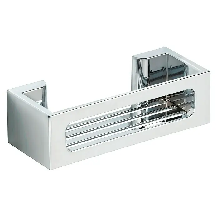 Wenko Duschkorb Power-Loc® Bralia - 12 x 30 x 8,5 cm, Chrom, Glänzend - Eine glänzende, rechteckige Duschablage aus Chrom mit einem Gitterboden und einer offenen Vorderseite für Badezimmerutensilien.