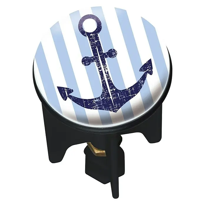 Wenko Design-Excenterstopfen Sailor - Anker, Durchmesser: 3,9 cm - Dieser Badewannenstöpsel hat ein blaues Ankerdesign auf blau-weiß gestreiftem Hintergrund. Ein dekoratives Accessoire für Ihr Badezimmer.