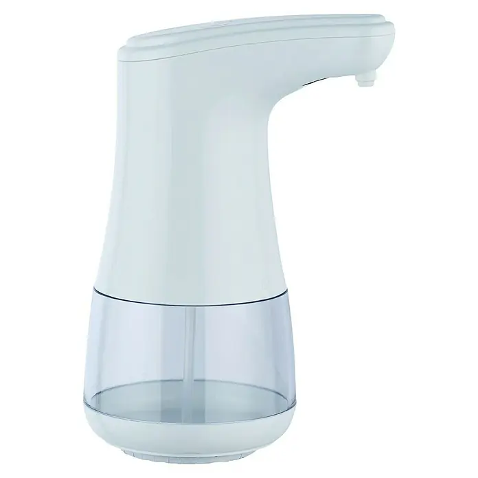 Wenko Desinfektionsmittelspender Diala - Weiß, L x B x H: 19 x 12 x 23 cm - Nahaufnahme eines weißen, automatischen Seifenspenders mit durchsichtigem Behälter, der moderne Hygiene und Komfort im Badezimmer oder Küche bietet.