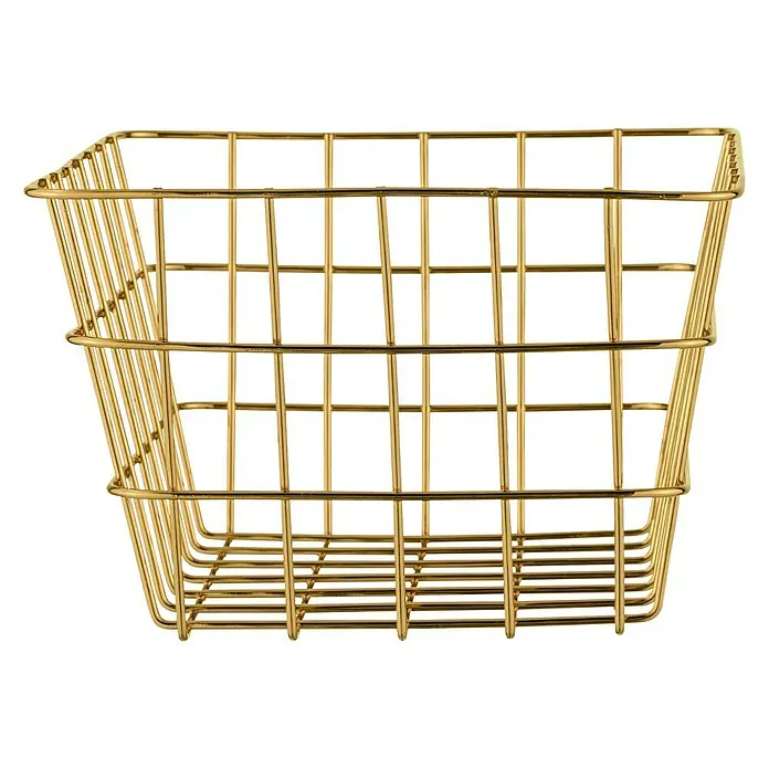 Wenko Bad-Aufbewahrungskorb Viana - L x B x H: 12 x 18 x 25 cm, Metall, Gold - Ein goldfarbener Drahtkorb mit rechteckiger Form und offenem Design, ideal für stilvolle Aufbewahrungslösungen im Haus.