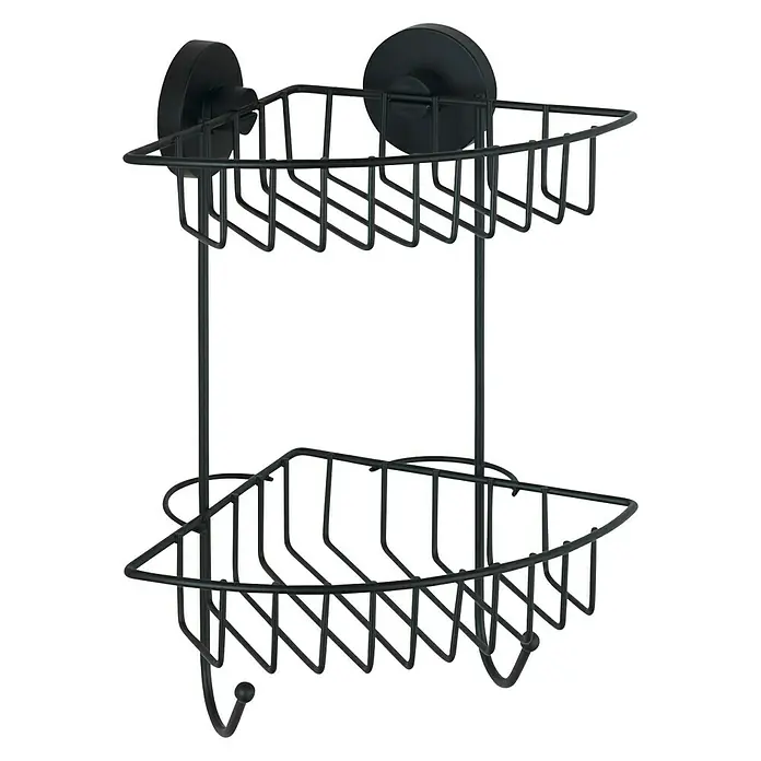 Wenko Duschkorb Bari - L x B x H: 16 x 22,5 x 29,5 cm, Schwarz, Matt - Eckduschregal mit zwei Ablageflächen und Haken, ideal zur Aufbewahrung von Duschutensilien. Einfache Anbringung durch Saugnäpfe.