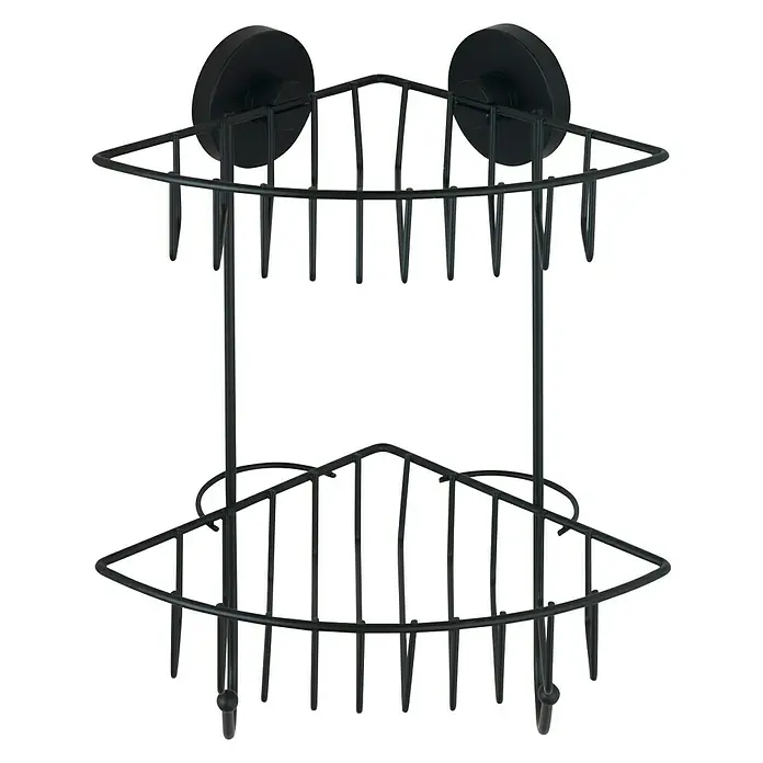 Wenko Duschkorb Bari - L x B x H: 16 x 22,5 x 29,5 cm, Schwarz, Matt - Ein schwarzes Eckregal mit zwei Ebenen und Saugnäpfen zur Befestigung an glatten Oberflächen im Badezimmer oder der Küche.