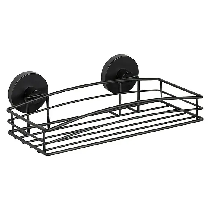 Wenko Loc Duschkorb - L x B x H: 14 x 26 x 6,5 cm, Schwarz, Lackiert - Abgebildetes ist ein schwarzes Duschregal mit Saugnäpfen zur Befestigung an der Wand, ideal für Badezimmerutensilien und zur Organisation des Duschbereichs.