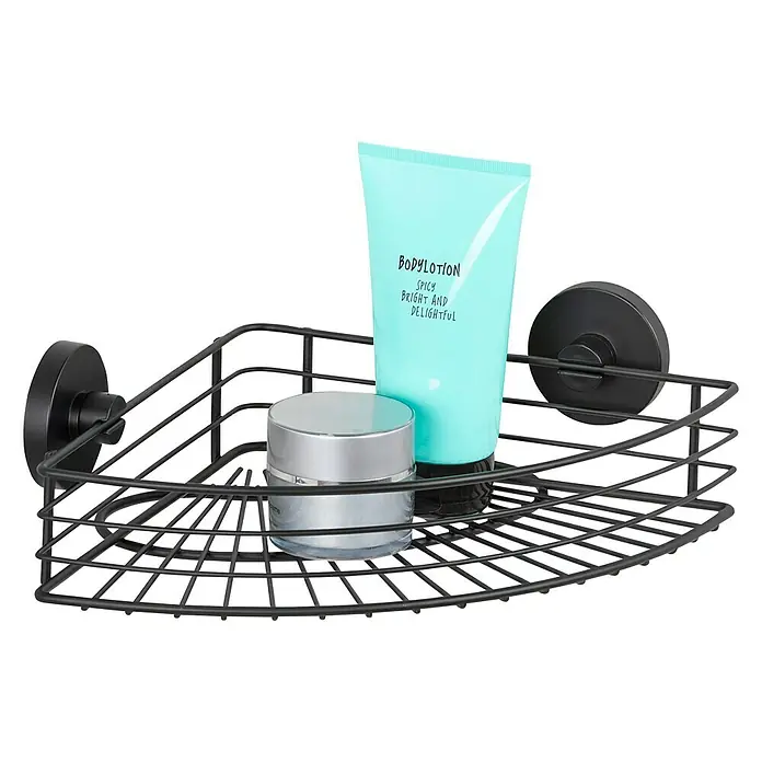 Wenko Eckduschkorb Bari - L x B x H: 22,5 x 35 x 9 cm, Schwarz, Lackiert - Schwarzes Eckregal aus Metall mit Kosmetikprodukten wie Bodylotion und Creme, ideal für die Dusche und Badaccessoires.