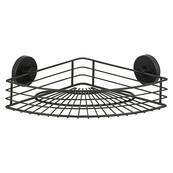 Wenko Eckduschkorb Bari - L x B x H: 22,5 x 35 x 9 cm, Schwarz, Lackiert - Schwarzes Eckregal mit Saugnäpfen zur Aufbewahrung von Duschutensilien, perfekt für die Organisation im Badezimmer.