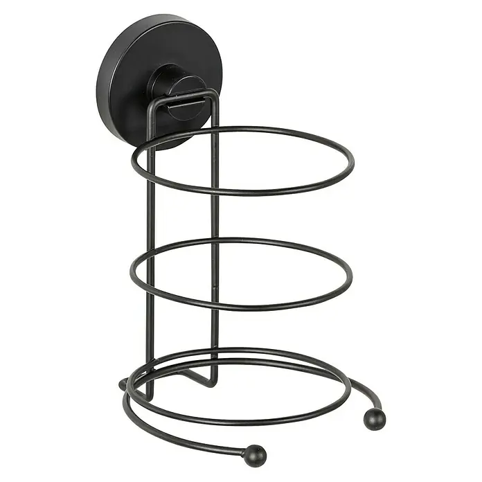 Wenko Milazzo Fönhalter - Schwarz, Matt - Schwarzer, an der Wand montierter Spiral-Haartrocknerhalter mit Saugnapf für Badezimmer zur einfachen Aufbewahrung von Stylingwerkzeugen.
