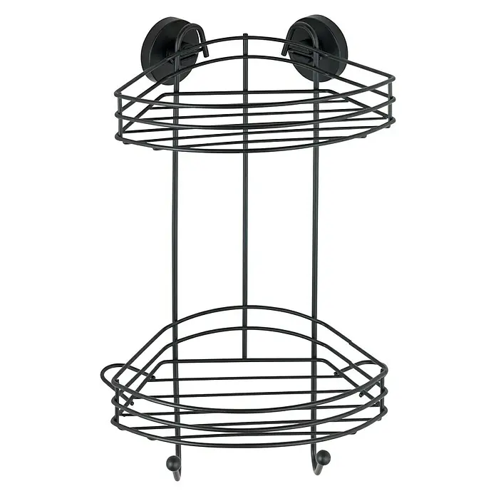 Wenko Loc Duschkorb - L x B x H: 21 x 23 x 43 cm, Schwarz, Lackiert - Schwarzes Eckregal mit zwei Ablagen und Saugnäpfen zur Befestigung an der Wand. Ideal für Badezimmer oder Dusche.