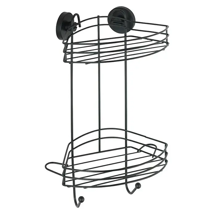 Wenko Loc Duschkorb - L x B x H: 21 x 23 x 43 cm, Schwarz, Lackiert - Draufsicht auf ein schwarzes Eckregal mit Saugnäpfen zur Aufbewahrung von Badutensilien oder Duschzubehör, ideal zur Raumnutzung.