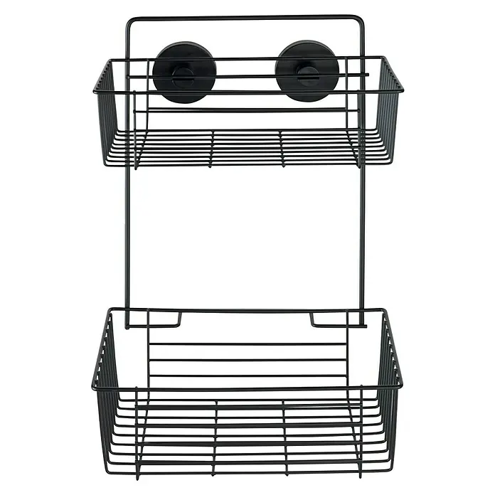 Wenko Duschkorb Bari - L x B x H: 17 x 26 x 38 cm, Schwarz, Matt - Abgebildete ist ein schwarzes Duschregal mit zwei Körben und Saugnäpfen zur einfachen Anbringung im Badezimmer. Ideal zur Aufbewahrung von Duschutensilien.