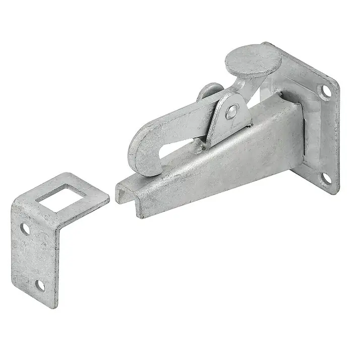 Stabilit Torfeststeller - L x B x H: 100 x 65 x 50 mm, Stahl, Wandmontage - Metallischer Überwurfriegel mit Haken und Aufnahmevorrichtung, ideal für Tore und Türen. Robuste Konstruktion für zuverlässige Sicherheit.