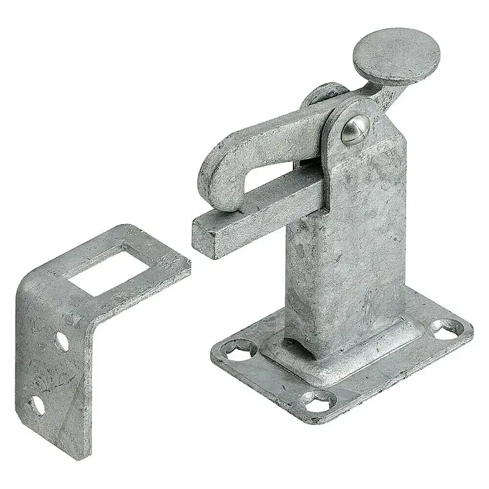 Stabilit Torfeststeller - L x B x H: 65 x 50 x 95 mm, Stahl, Bodenmontage - Bild einer galvanisierten Sturmhaken-Torfalle, die Robustheit und Sicherheit für Außentüren bietet.