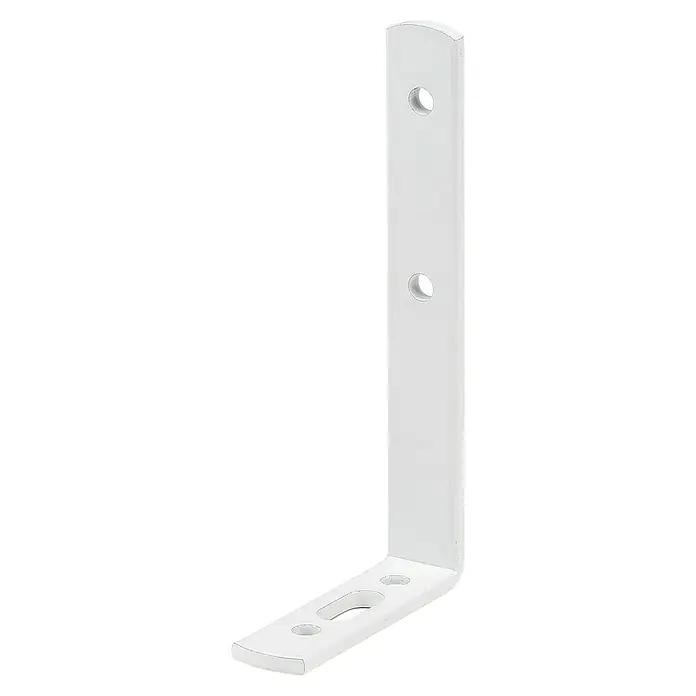 Stabilit Gardinenwinkel - L x B: 95 x 55 mm, Weiß - Ein weißer, rechtwinkliger Winkelverbinder mit Befestigungslöchern für verschiedene Anwendungen, ideal für Regal- und Möbelbau.