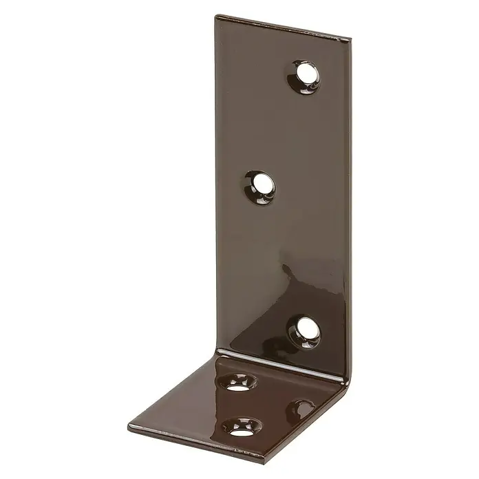 Stabilit Balkenwinkel - L x H: 120 x 35 mm, Stahl, Braun - Ein dunkelbrauner, glänzender Winkelverbinder mit Befestigungslöchern, ideal für stabile Verbindungen.