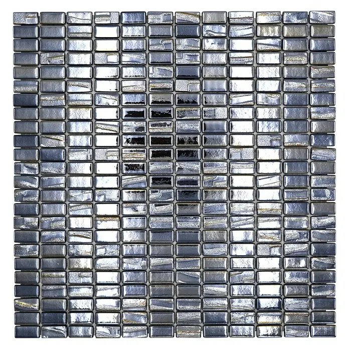 Mosaikfliese Rechteck Eco Uni JULIA 09 - 31,5 x 31,7 cm, Schwarz, Glänzend - Nahaufnahme eines quadratischen Mosaiks mit kleinen, rechteckigen Spiegeln, die ein glänzendes und reflektierendes Muster erzeugen.