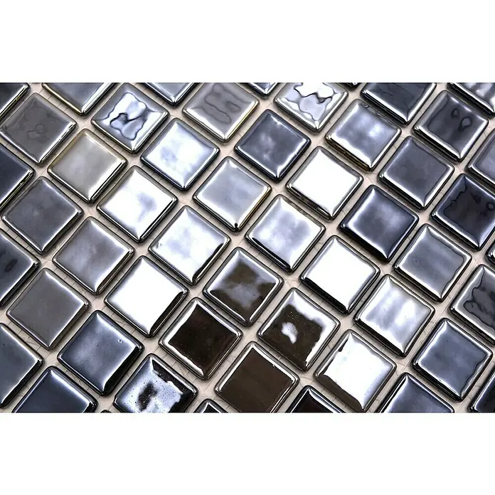 Mosaikfliese Quadrat Eco Uni SANDY 08 - 31,5 x 31,5 cm, Anthrazit, Glänzend - Hochglänzende, quadratische Metallmosaikfliesen mit einem faszinierenden Farbspiel von hell bis dunkel. Ideal für moderne Wandgestaltungen und elegante Akzente.