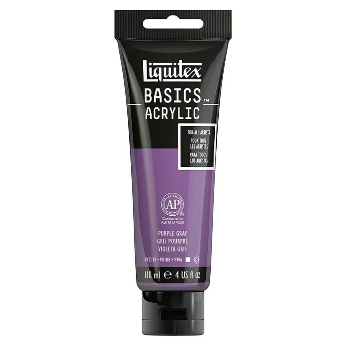 Liquitex Basics Acrylfarbe - Lilagrau, 118 ml - Eine Tube Liquitex Basics Acrylic Farbe in Purpur-Grau, ideal für Künstler. Die Farbe hat ein Volumen von 118 ml.