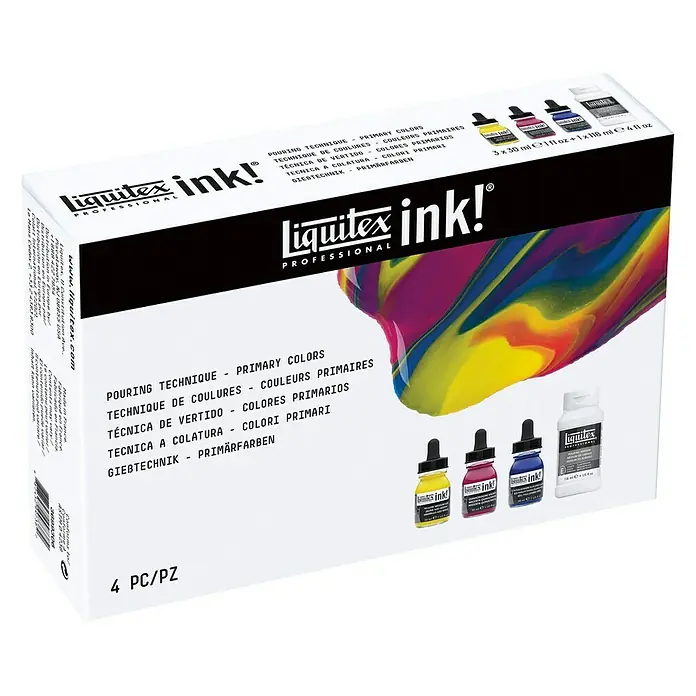 Liquitex Professional Zeichentinten-Set Technik - 3 Stk. x 30 ml, Flasche mit Tropfpipette - Liquitex Ink! Professional Farben-Set mit Primärfarben für Pouring-Technik. 3x30ml & 1x118ml Flaschen für professionelle Ergebnisse.