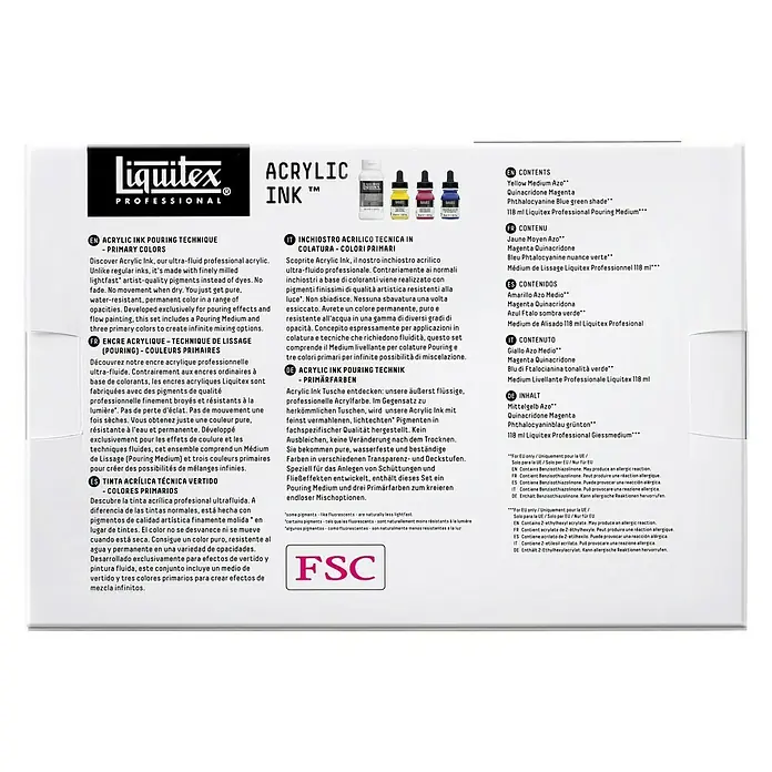 Liquitex Professional Zeichentinten-Set Technik - 3 Stk. x 30 ml, Flasche mit Tropfpipette - Liquitex Acrylic Ink Set: Drei hochpigmentierte Primärfarben und ein Pouring Medium für faszinierende Fließeffekte.