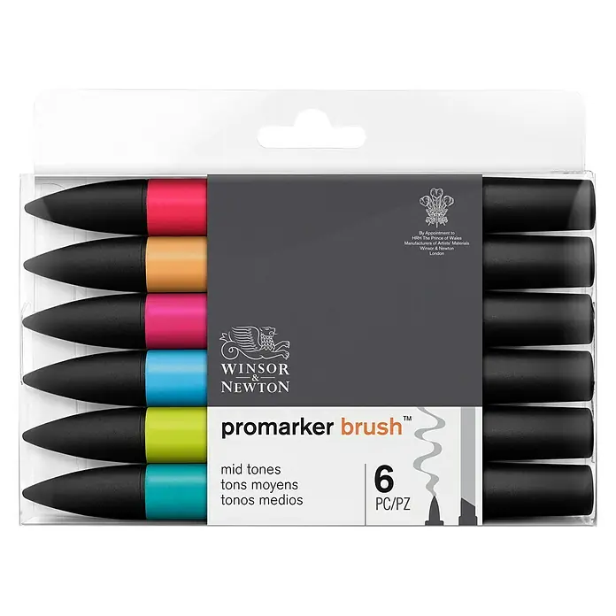 Winsor & Newton Brushmarker-Set - Mittlere Töne, 6 -tlg. - Eine Packung Winsor & Newton Promarker Brush Stifte, 6 Stück in Mitteltönen, ideal für Künstler und Designer.