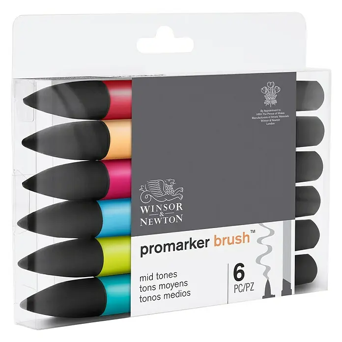 Winsor & Newton Brushmarker-Set - Mittlere Töne, 6 -tlg. - Eine Packung Winsor & Newton Promarker Brush Stifte mit mittleren Farbtönen, ideal für Künstler und Illustratoren.