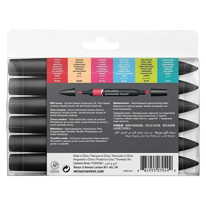 Winsor & Newton Brushmarker-Set - Mittlere Töne, 6 -tlg. - Winsor & Newton ProMarker Brush Set: Alkoholbasierte Marker mit flexibler Pinselspitze und breiter Keilspitze für künstlerische Gestaltung.