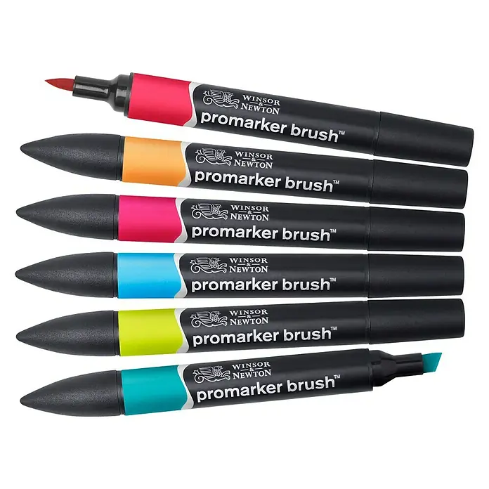 Winsor & Newton Brushmarker-Set - Mittlere Töne, 6 -tlg. - Nahaufnahme von Winsor & Newton ProMarker Brush Stiften in verschiedenen Farben, die für künstlerische Anwendungen geeignet sind.