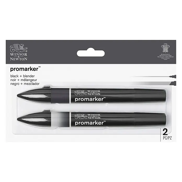 Winsor & Newton Promarker-Set - Schwarz/Farblos, 2 -tlg., 2 Spitzen - Ein Set von zwei Winsor & Newton ProMarker Stiften, bestehend aus einem schwarzen und einem Blender Marker für Künstler und Designer.