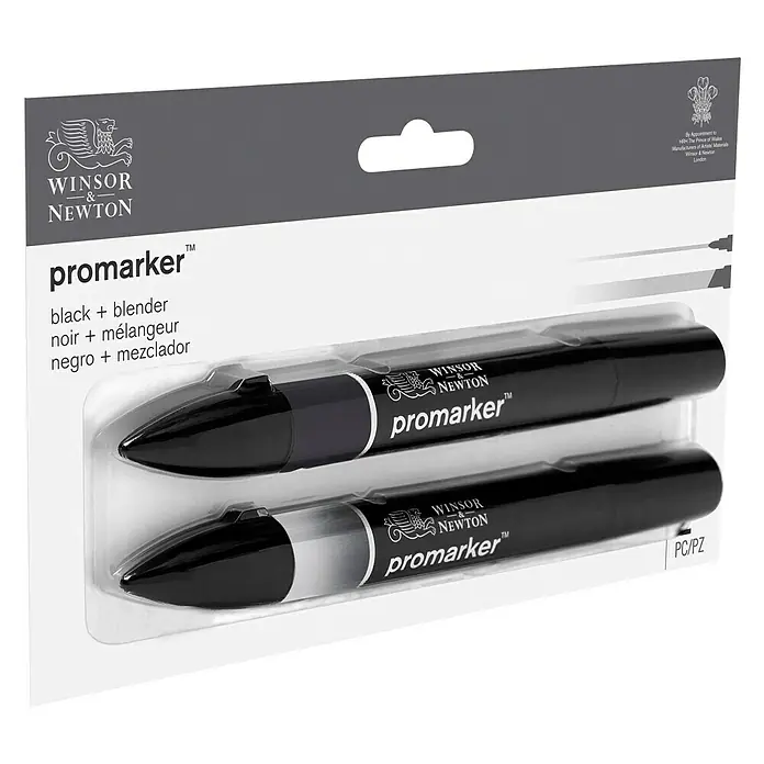 Winsor & Newton Promarker-Set - Schwarz/Farblos, 2 -tlg., 2 Spitzen - Eine Packung Winsor & Newton Promarker in Schwarz und Blender, ideal für Künstler und Designer zur Erstellung von detaillierten Illustrationen.