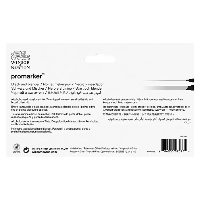 Winsor & Newton Promarker-Set - Schwarz/Farblos, 2 -tlg., 2 Spitzen - Winsor & Newton Promarker in Schwarz und Blender. Ideal zum Mischen und für schattenreiche Zeichnungen mit zwei Spitzen für feine Details.