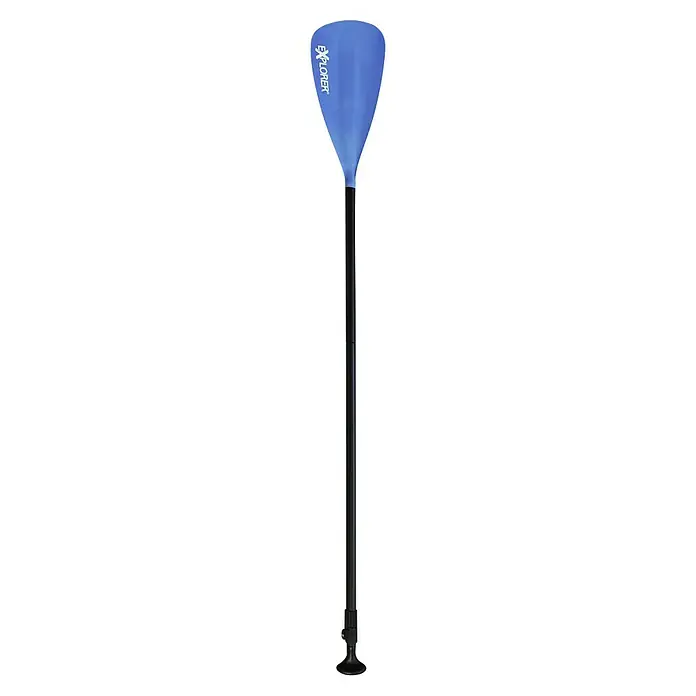 Explorer SUP-Board-Set Sunshine 10.0 - L x B x H: 305 x 81 x 15 cm, Nutzlast: 150 kg, Aufblasbar, Blau/Weiß - Ein aufblasbares Stand-Up-Paddle-Board-Paddel mit blauem Blatt und schwarzem Schaft, ideal für Wassersport.